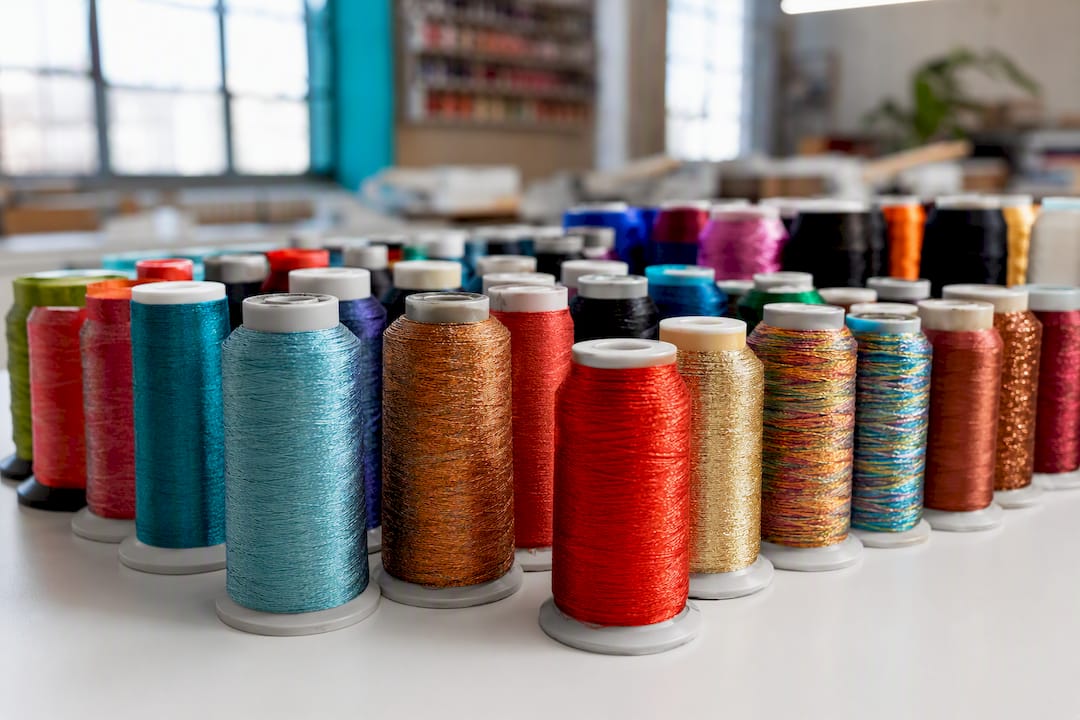 Embroidery thread spools close-up on table