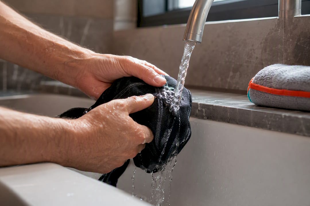 Hands rinsing martial arts apparel fabric