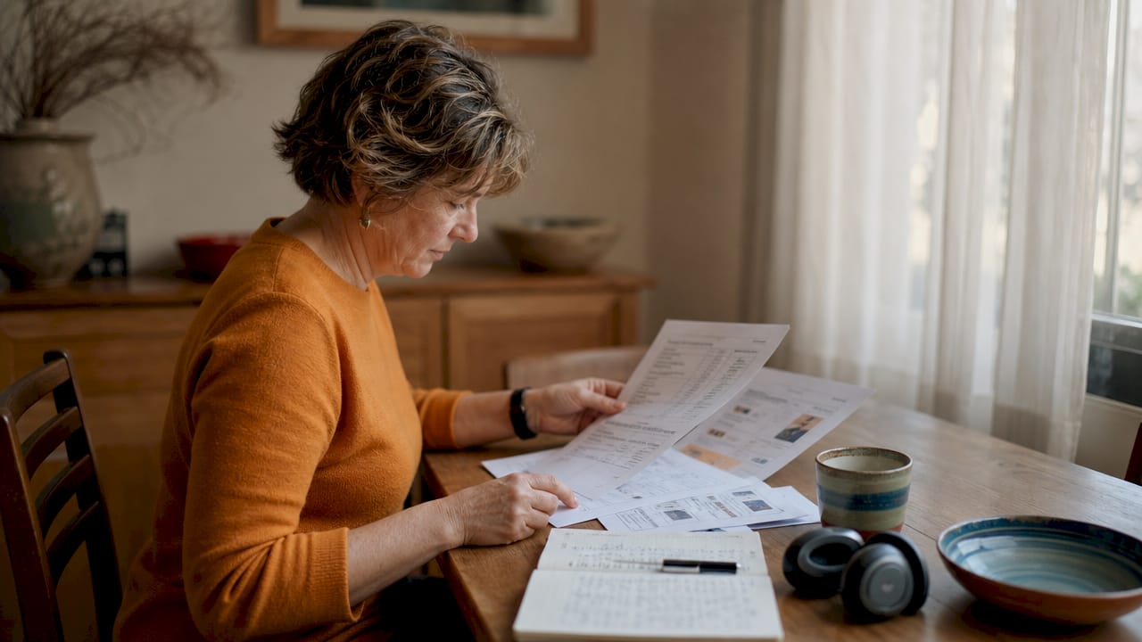 Thuis verdiept een vrouw zich in folders over hoortoestellen.