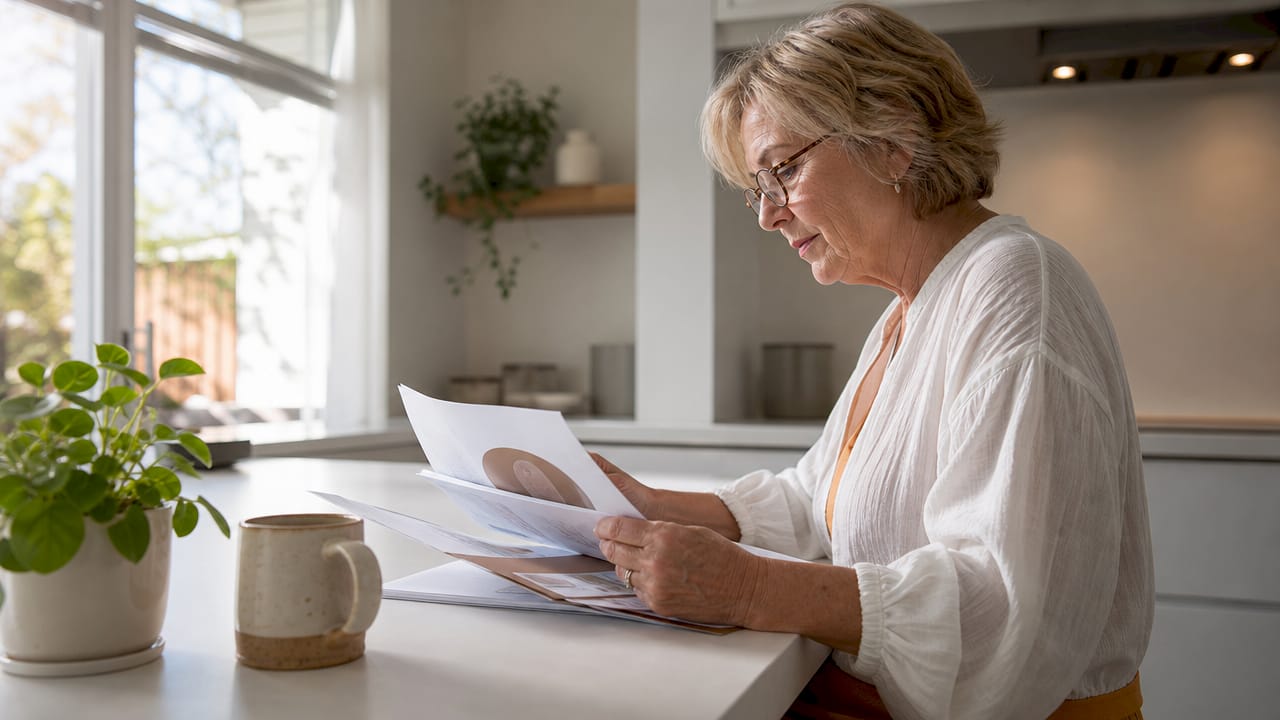 Vrouw zoekt thuis uit welke hoorapparaatverzekering het beste bij haar past