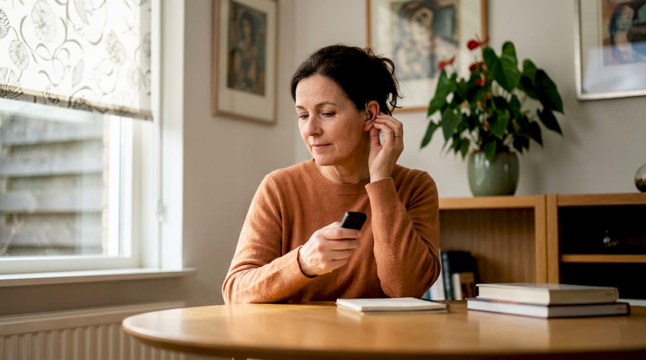 Vrouw laat haar gehoorapparaat achter in de woonkamer
