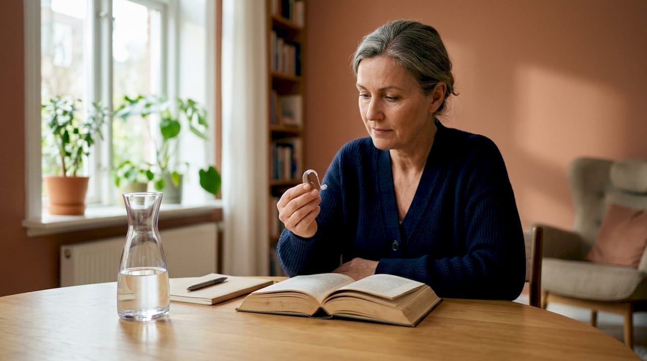 Een vrouw onderzoekt haar hoorapparaat terwijl ze in de woonkamer zit.