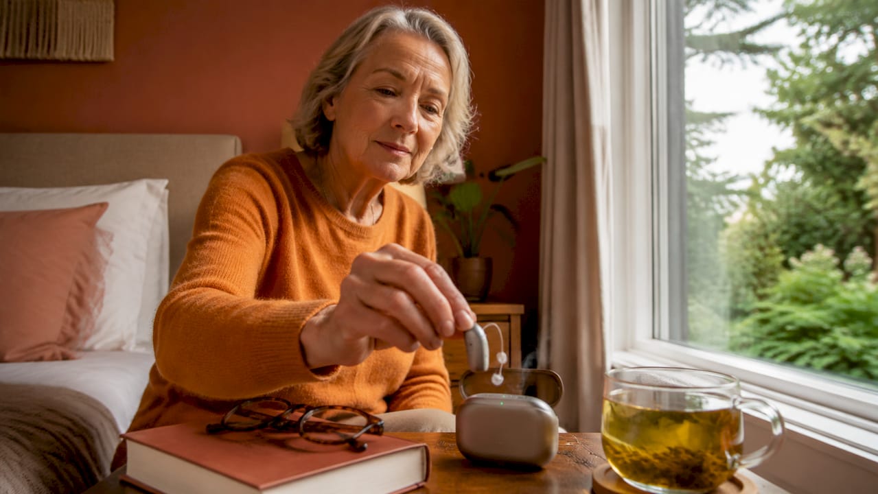 Een oudere dame zet haar gehoorapparaat thuis in de oplader.