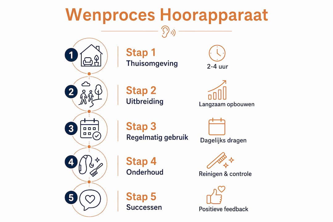 Infographic: stappenplan voor het wennen aan een hoortoestel