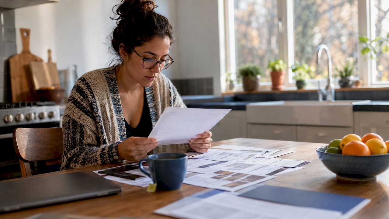 Woman reviewing resume and job ads in home office