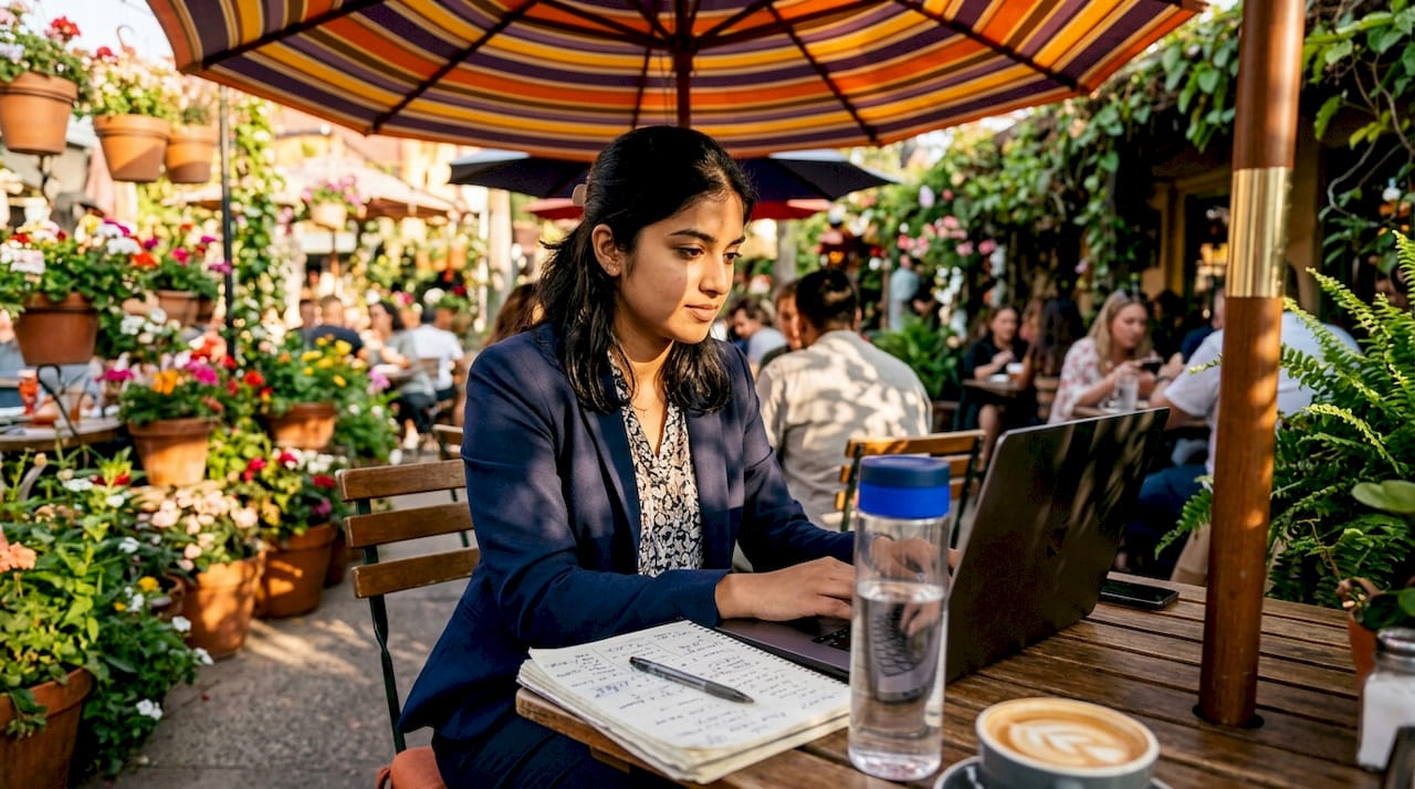 Young woman using LinkedIn laptop in coworking space