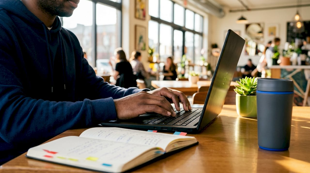 Hands typing on laptop with job posting and notes
