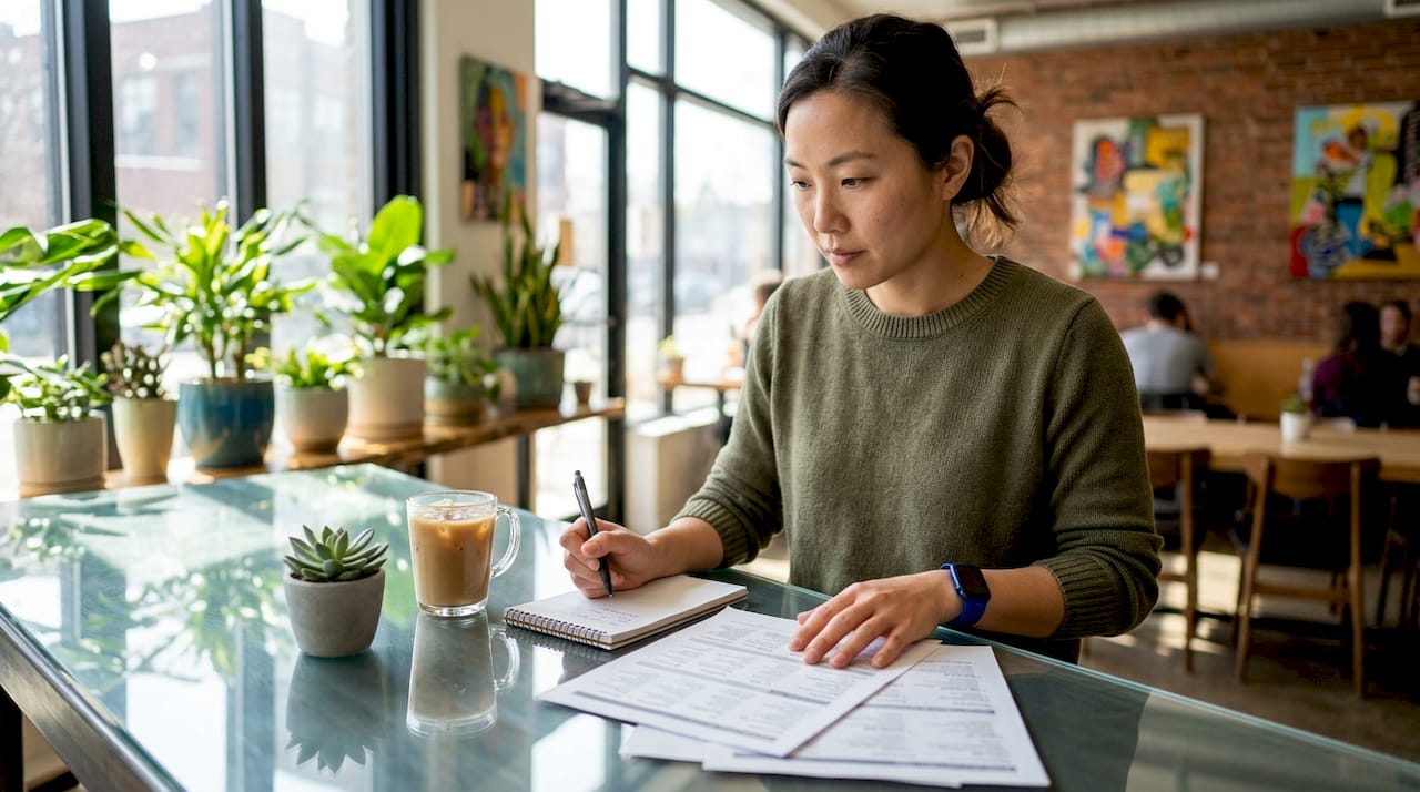Woman reviewing job listings at home desk