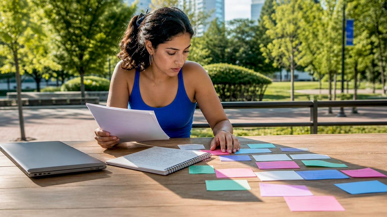 Job seeker reviewing skills and resume at home desk