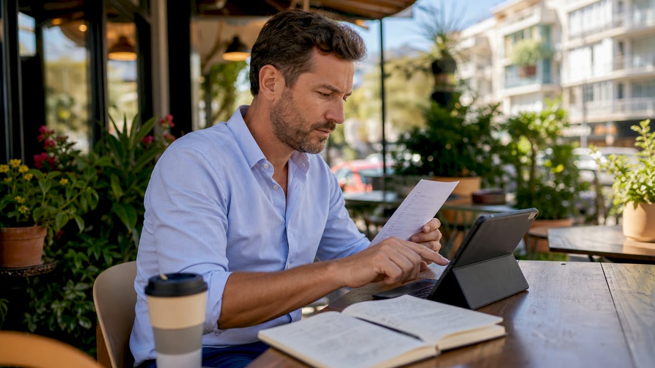 Man setting up profile on tablet in coworking space