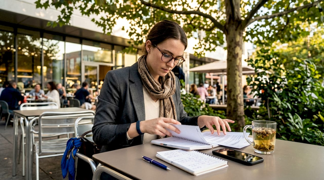 Woman organizing job search workflow notes at home desk