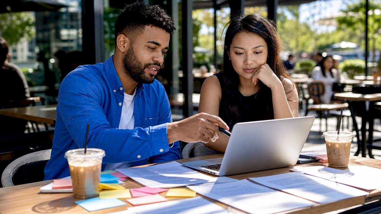 Two people discussing job targeting and preparation at café table