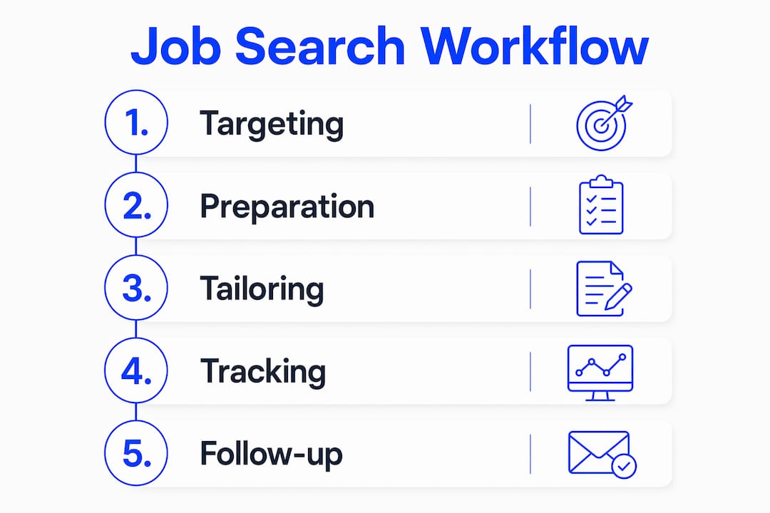 Infographic illustrating five key job search workflow stages