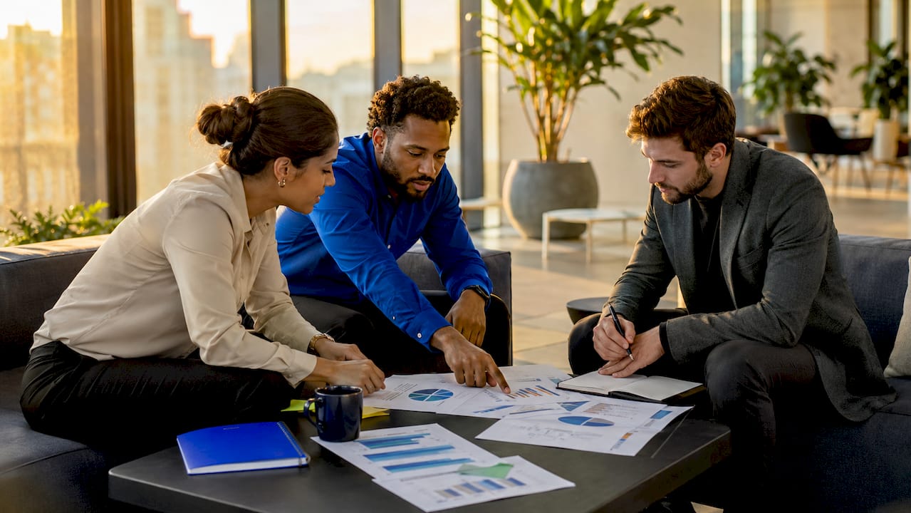 Team analyzing AI ranking charts in office