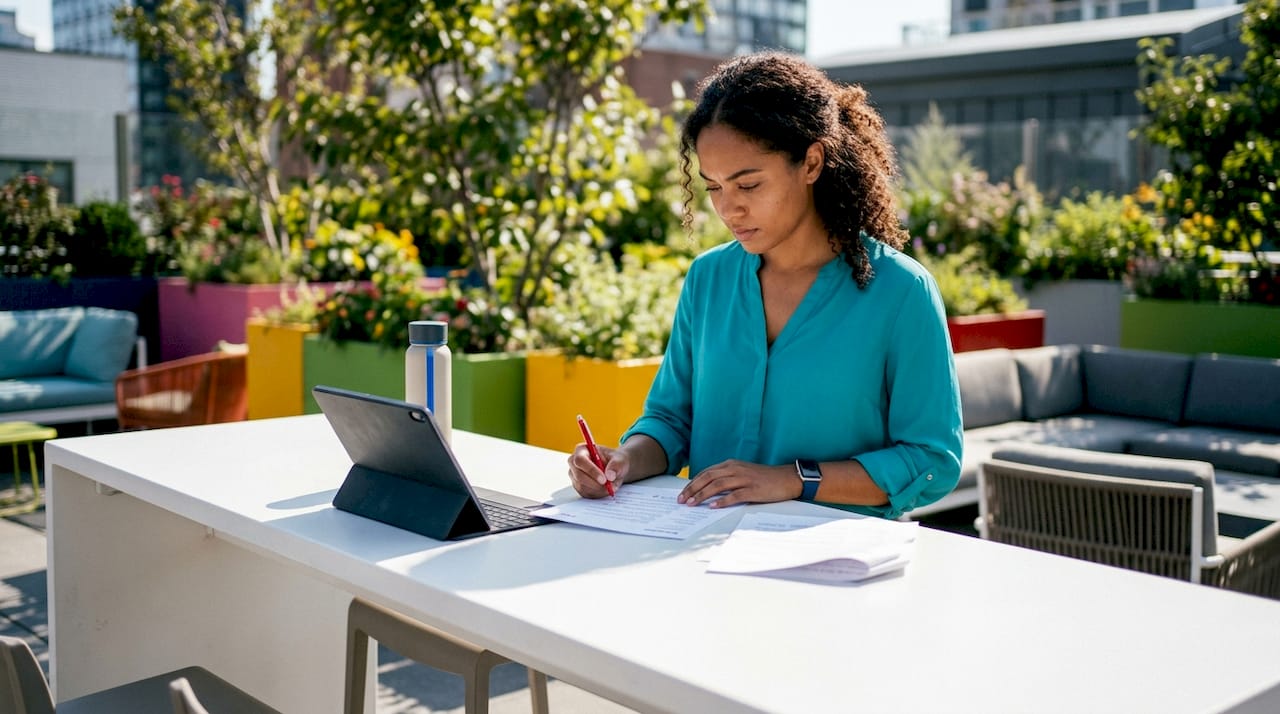 Candidate reviewing resume at home office desk