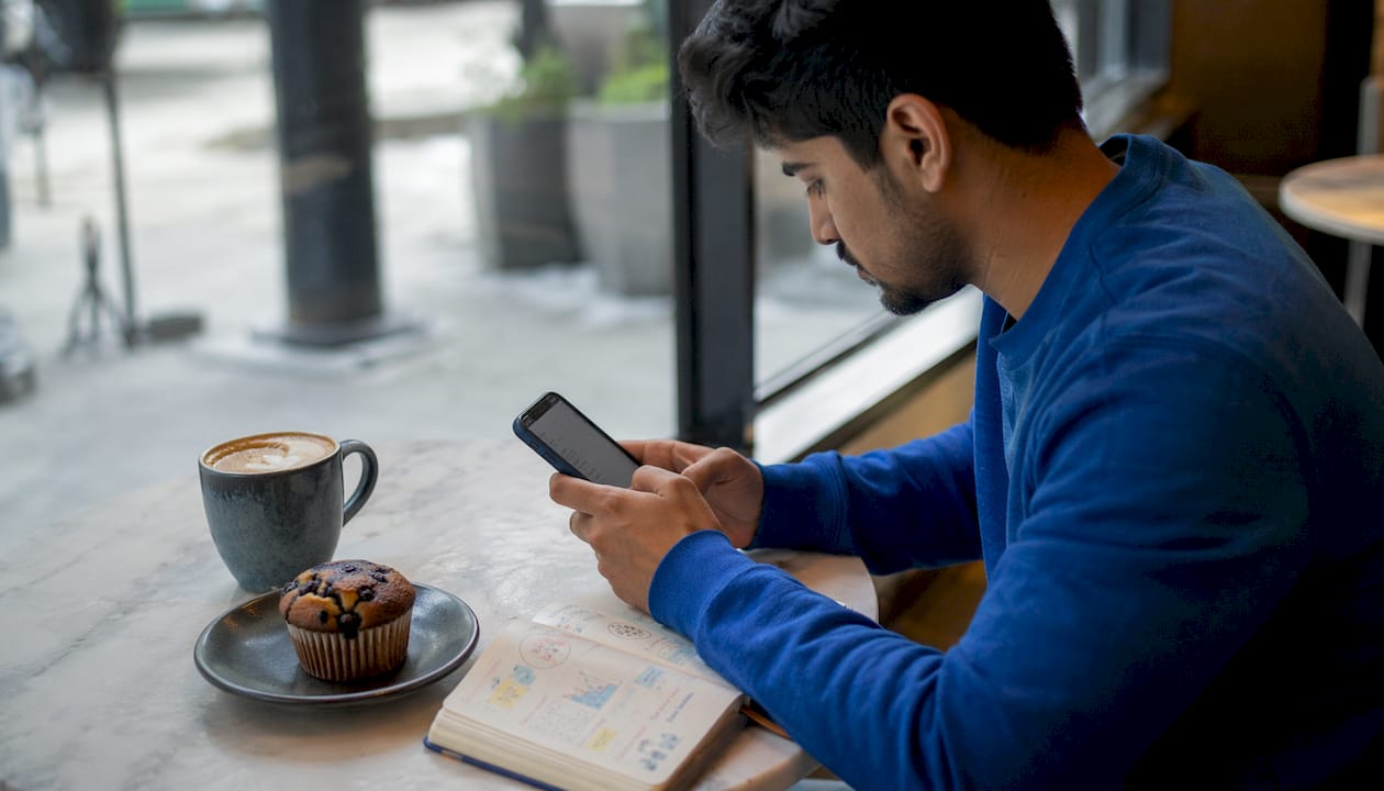 Man browsing job listings on smartphone in café