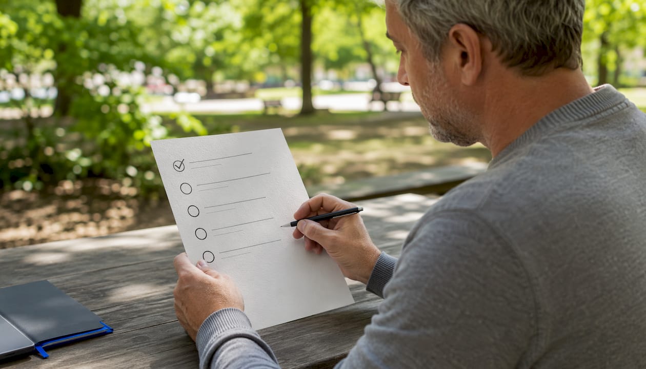 Hands holding career phases checklist in café