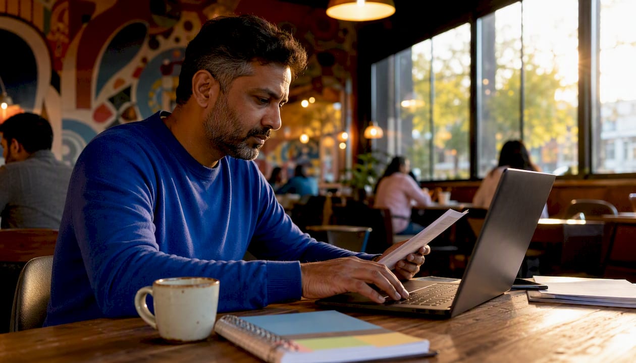 Man comparing resume tools with job description