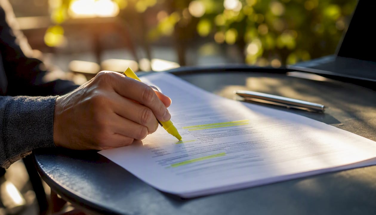 Hand highlighting resume keywords on a desk