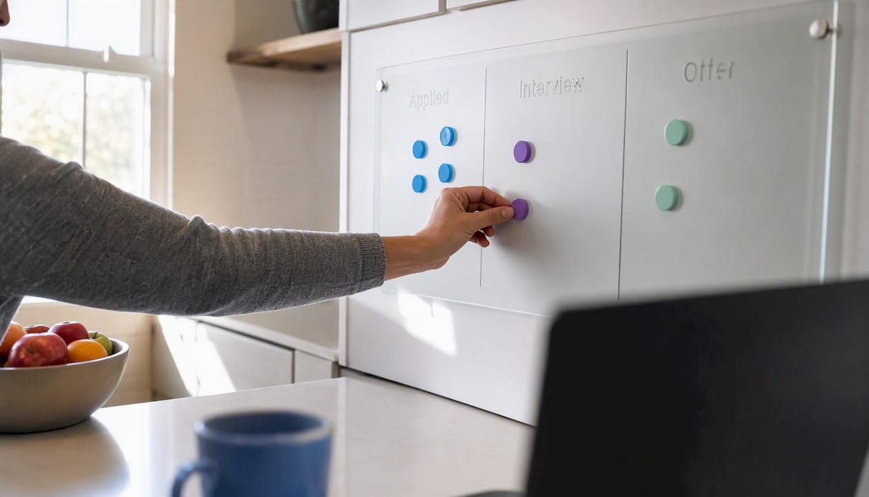 Hand moving marker on job tracking board