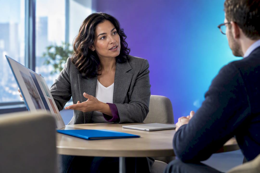 Professional explaining career-change experience in interview