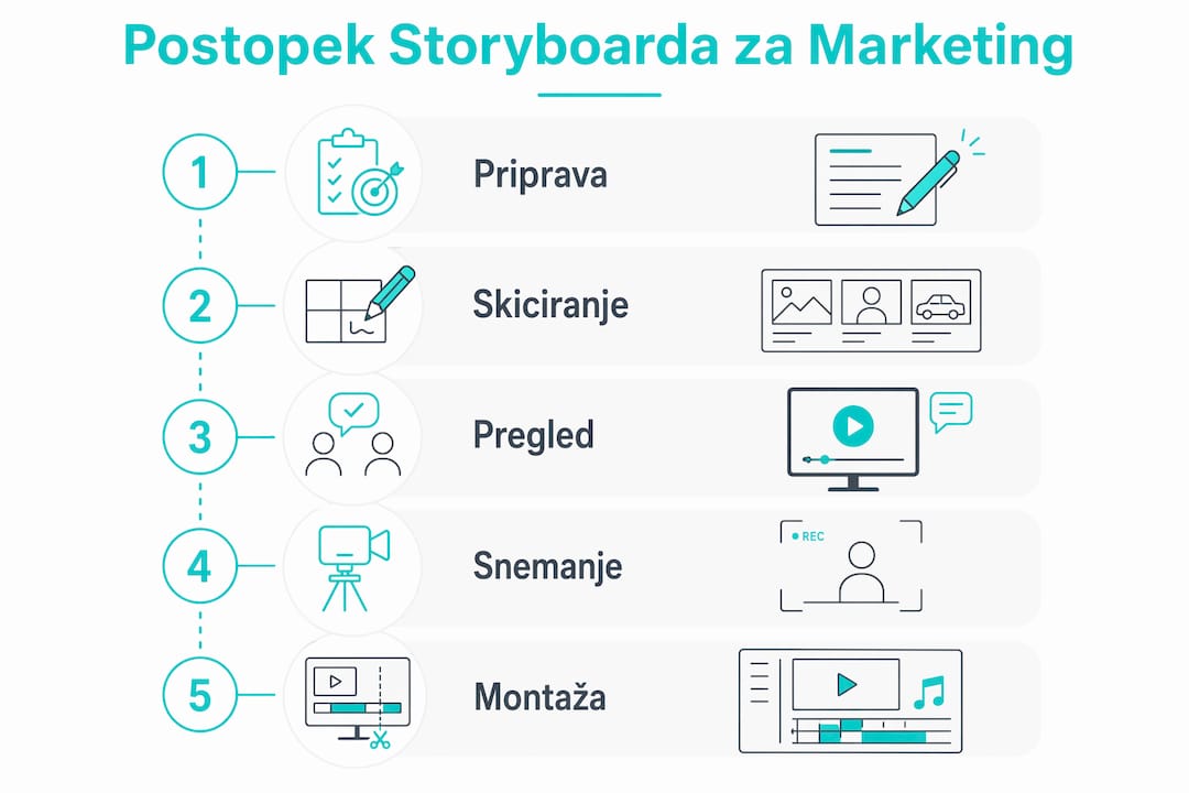 V tej infografiki boste našli pregled ključnih korakov za pripravo storyboarda, ki ga potrebujete za učinkovito marketinško kampanjo.
