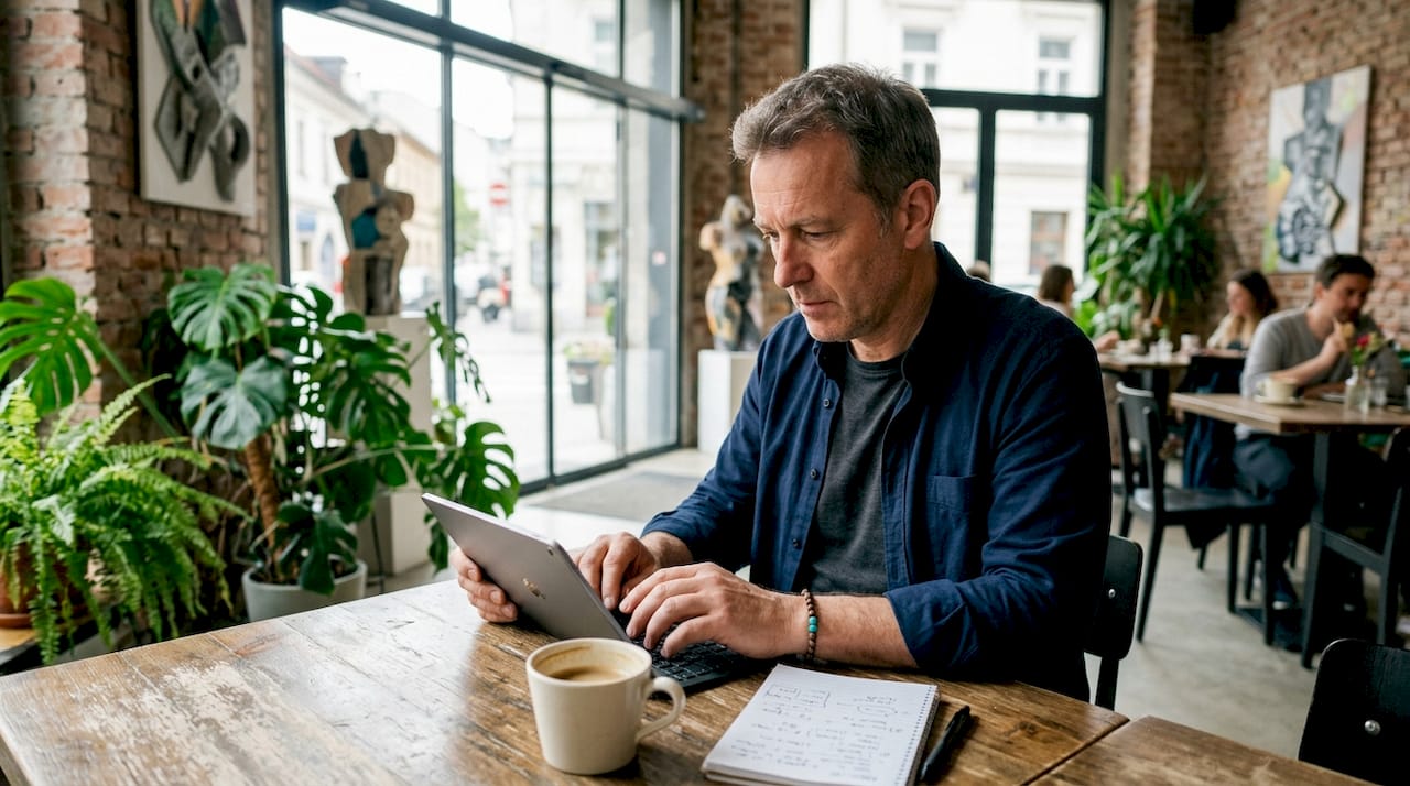 Moški v coworking prostoru odgovarja na vprašanja občinstva prek tabličnega računalnika.
