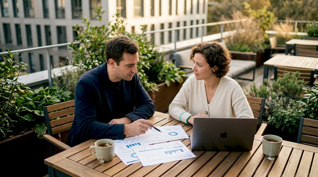 Dva strokovnjaka v pisarni izmenjujeta izkušnje in analize o učinkovitosti LinkedIn kampanj za poslovne uporabnike.