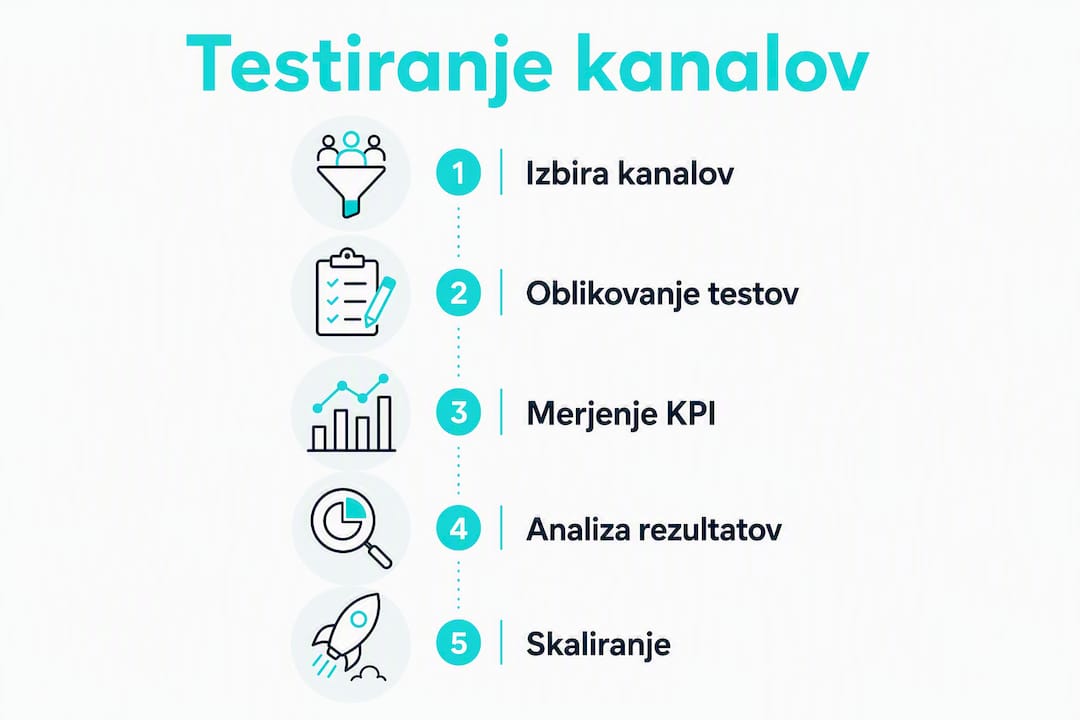 Grafični prikaz ključnih korakov testiranja kanalov in meril uspešnosti