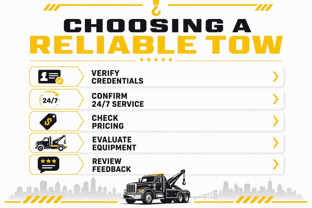 Infographic showing key steps for choosing reliable tow company