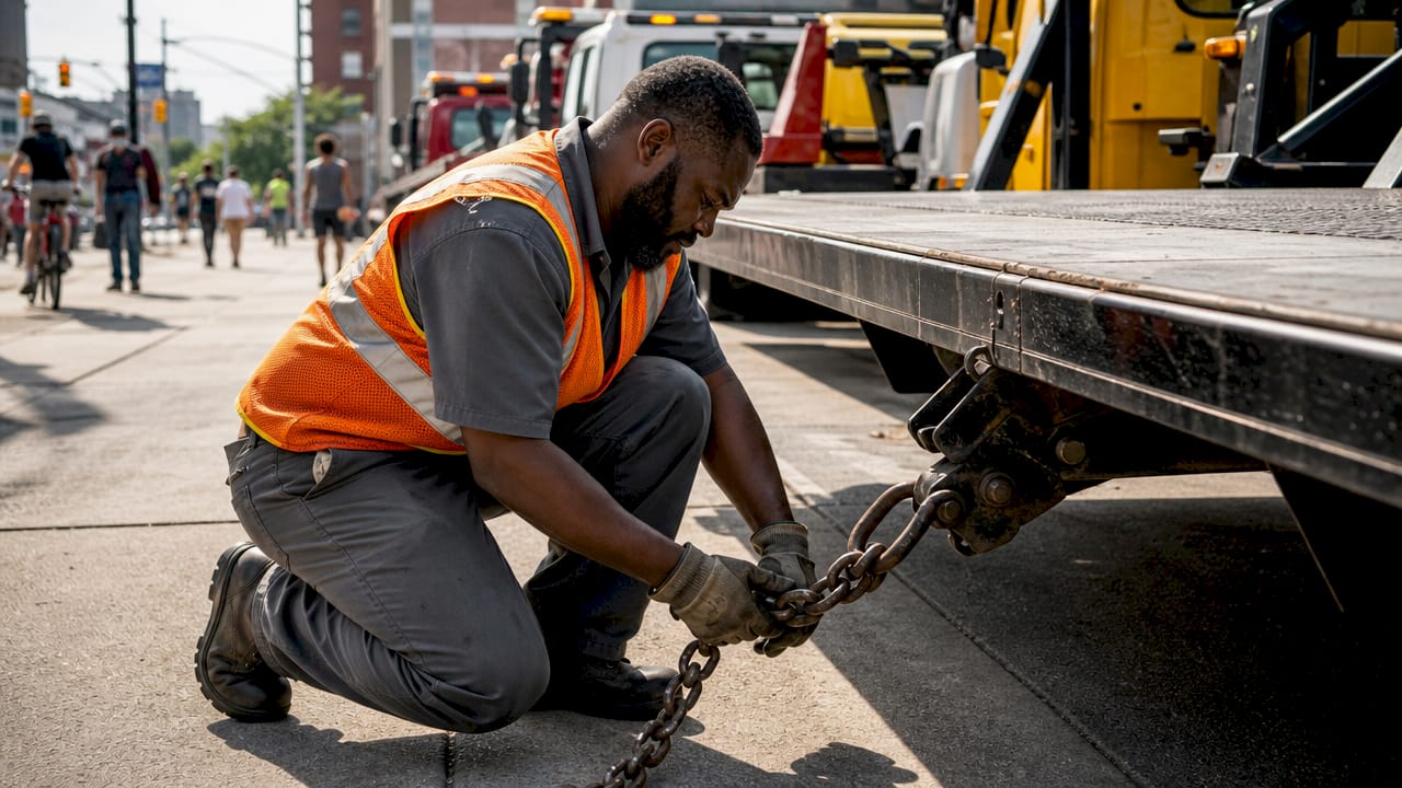 Tow truck operator checking flatbed equipment outdoors