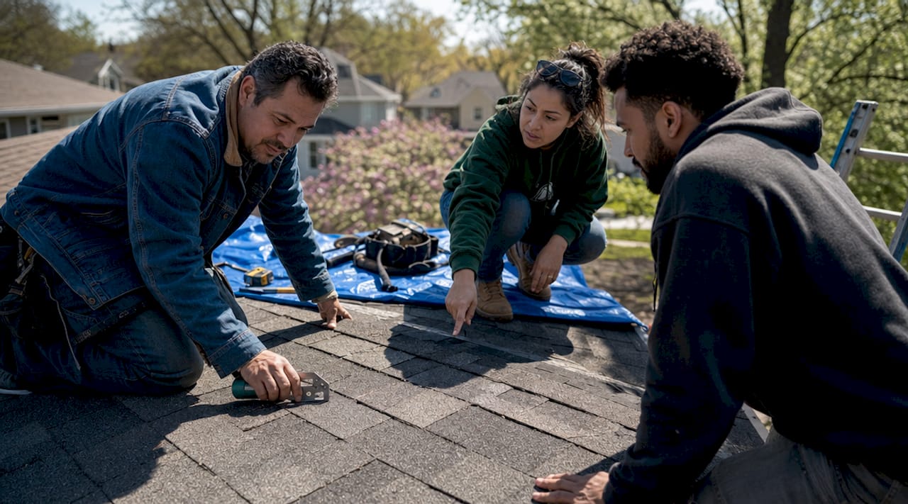Roofing team inspecting residential roof