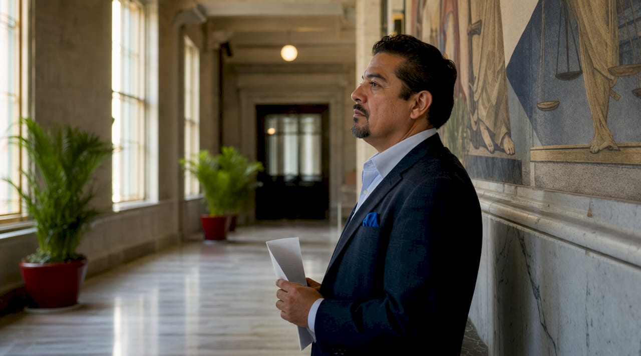 Man waiting in courthouse hallway with bail pamphlet