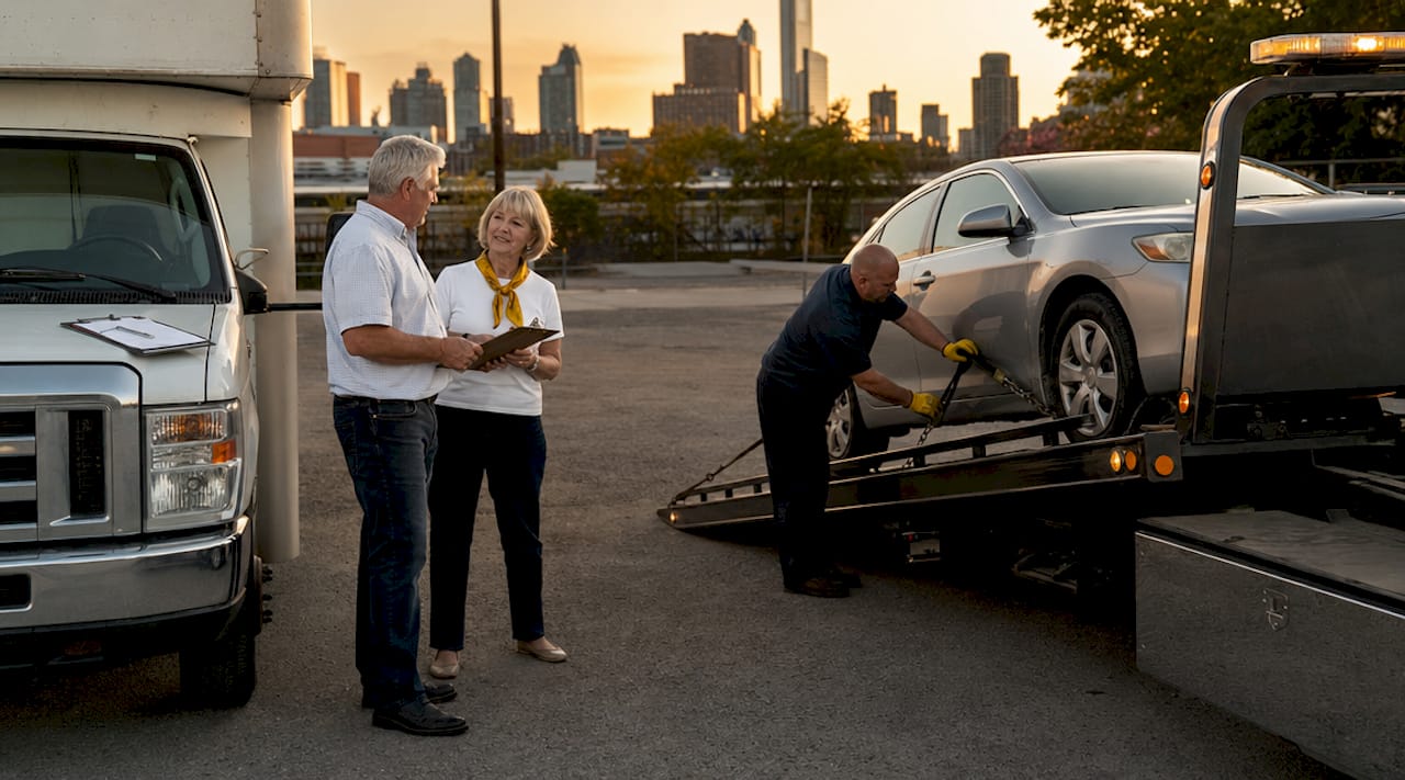Tow truck loading car for state-to-state move