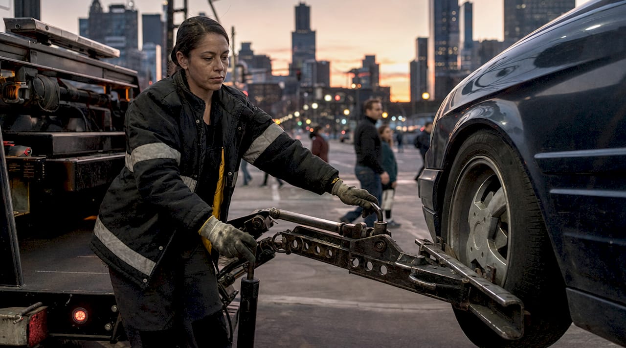 Hands adjusting wheel-lift towing equipment on vehicle
