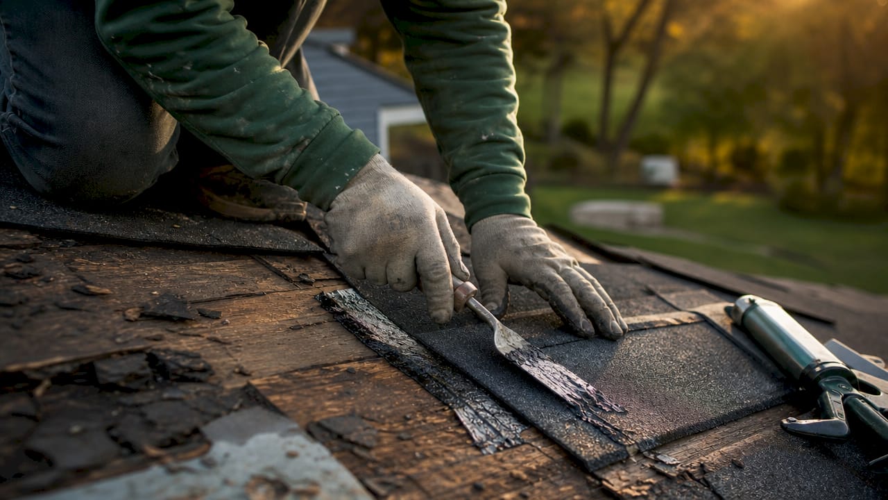 Close-up of hands patching roof shingles