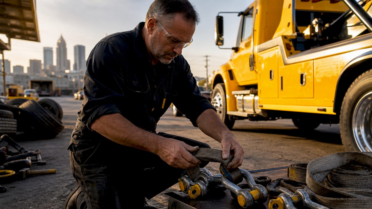 Mechanic inspecting vehicle recovery equipment