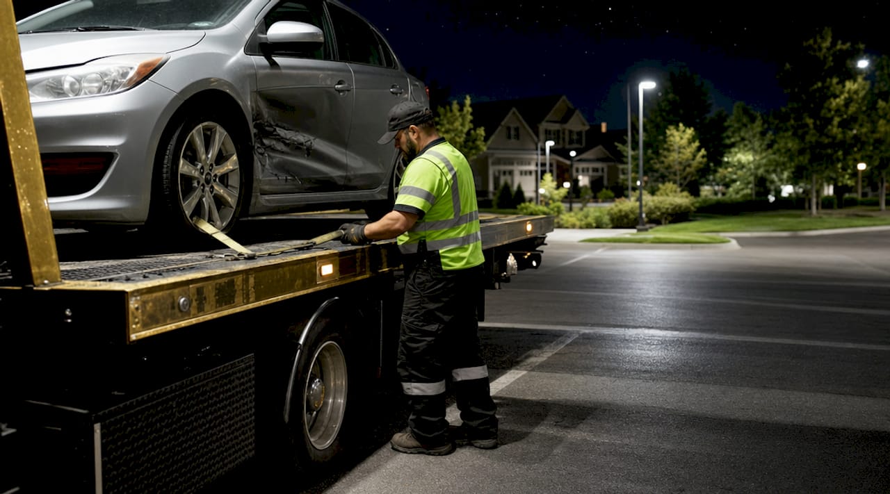 Tow truck operator securing damaged vehicle