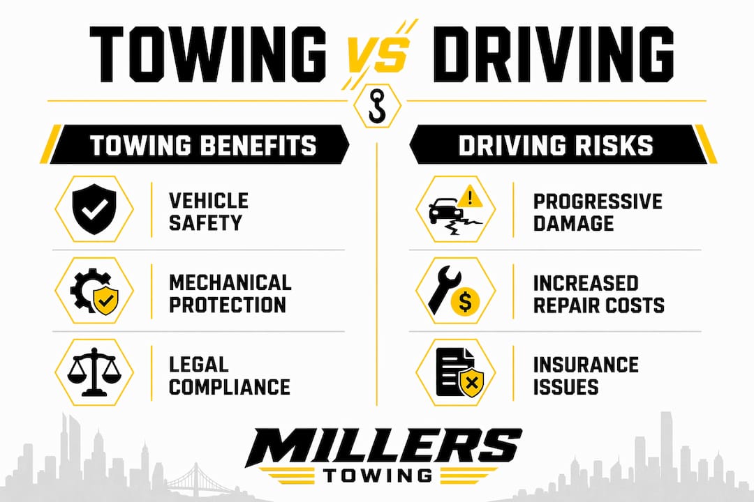 Infographic comparing towing benefits and driving risks