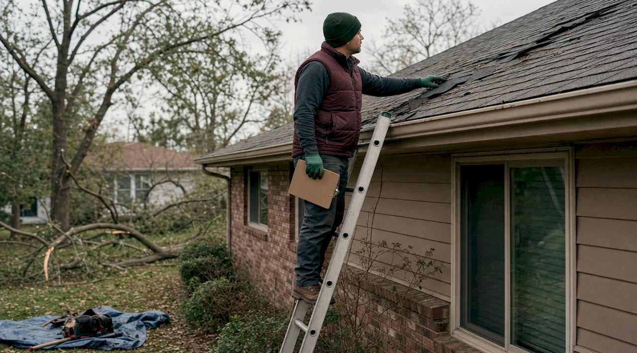 Roofer inspecting storm-damaged roof shingles