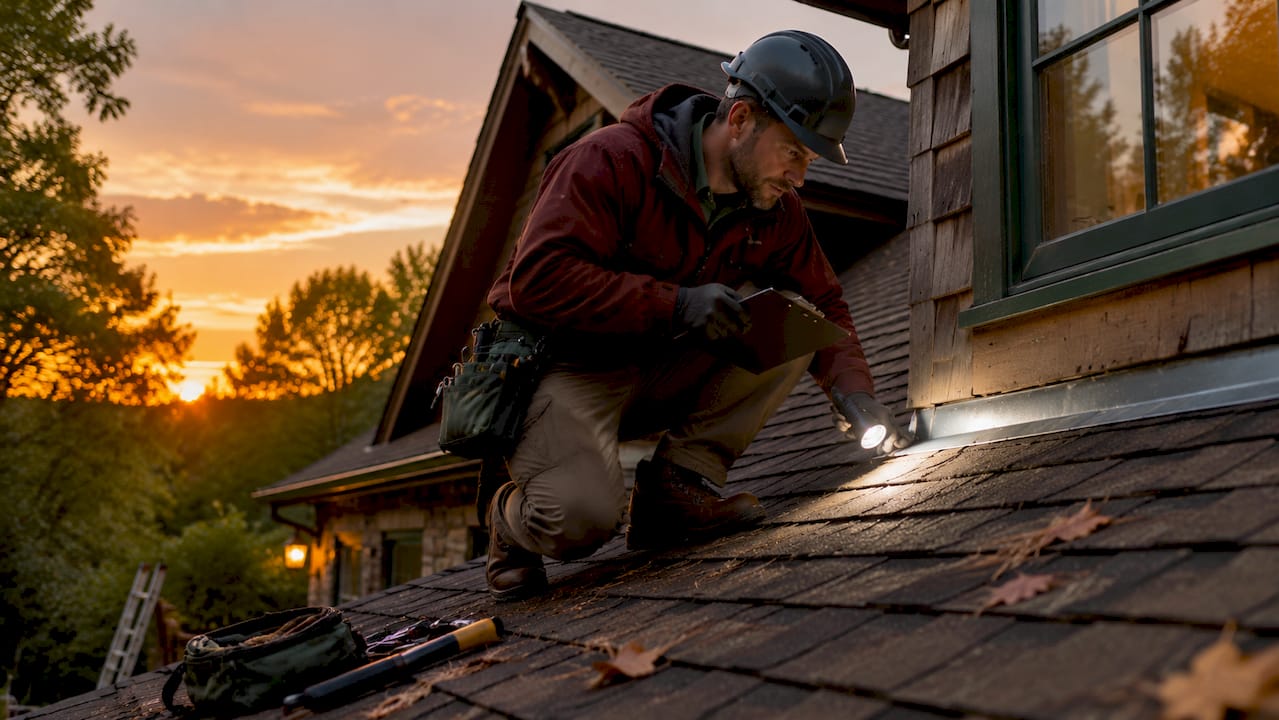 Roofer inspecting shingles with flashlight
