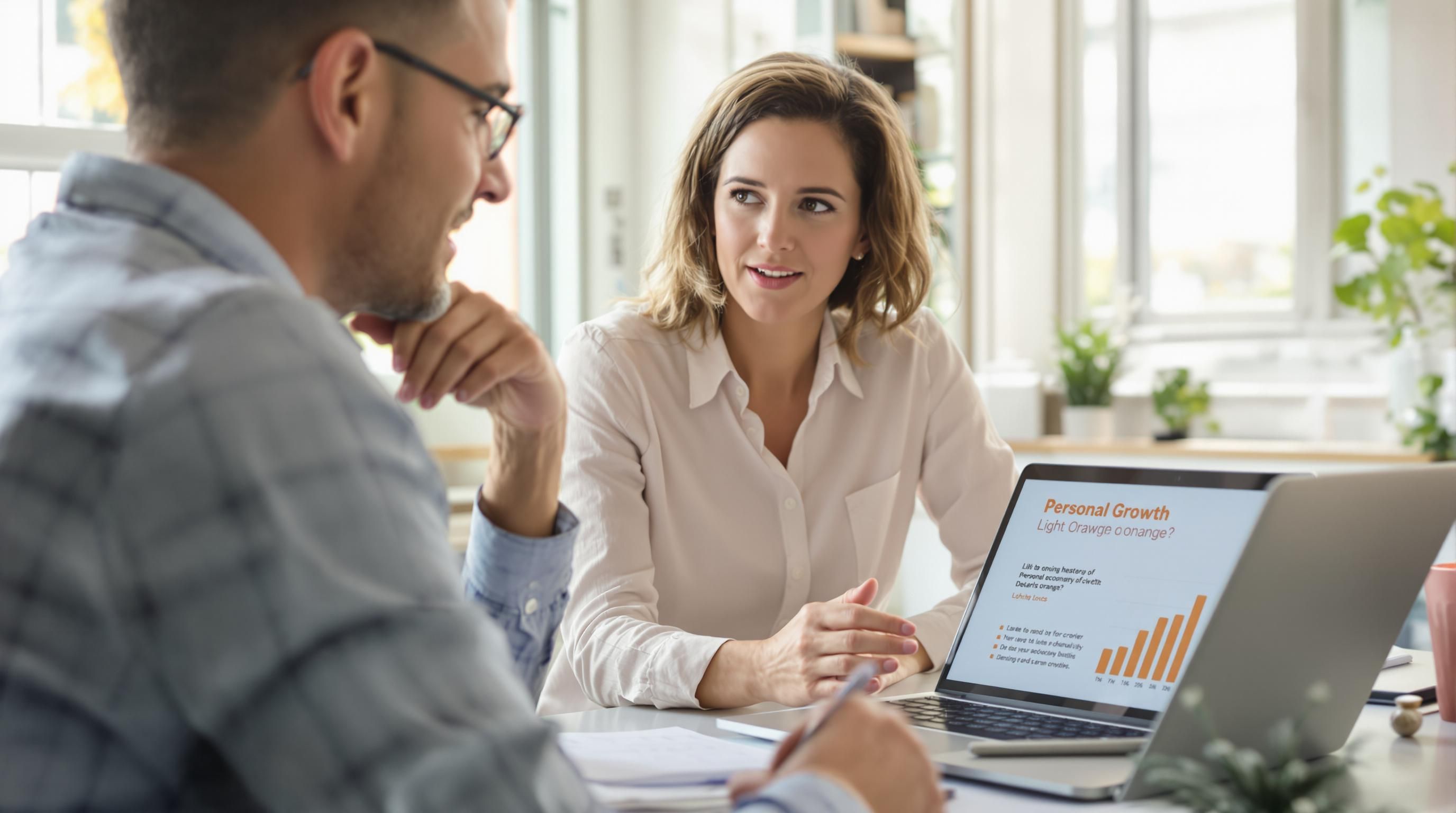 Professional in coaching session with 'Personal Growth' on laptop screen