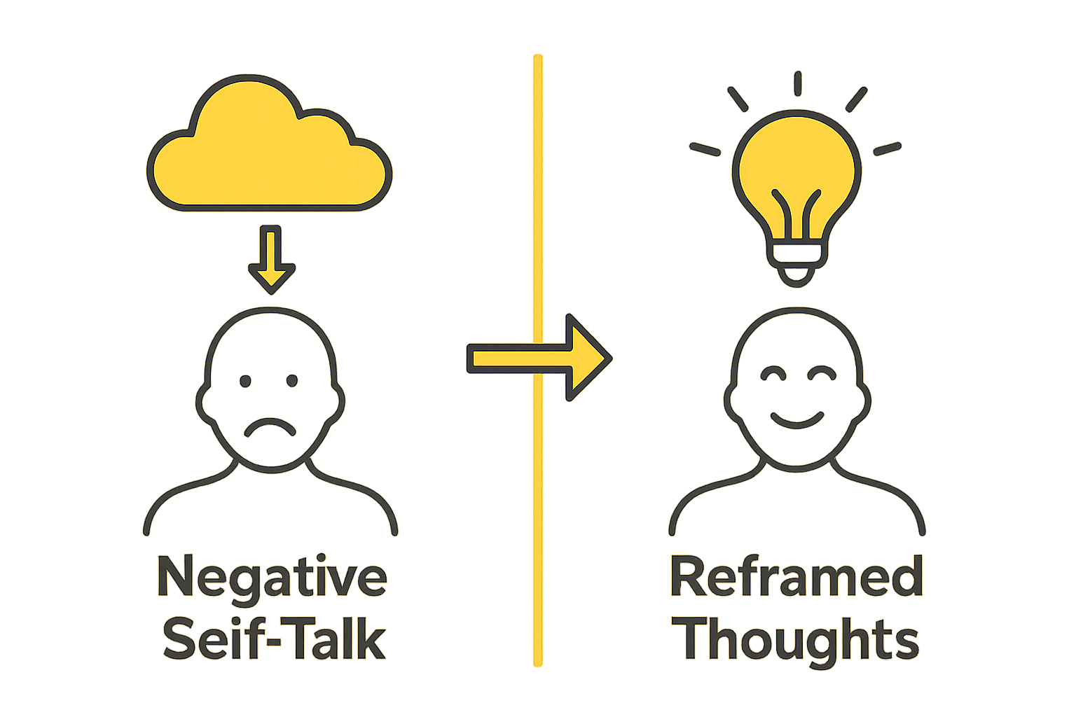 Negative self-talk versus reframed positive thoughts infographic