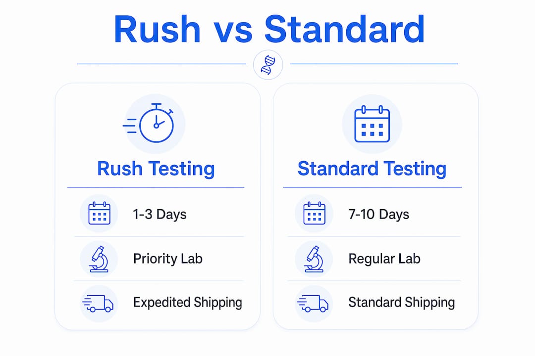 Comparison infographic of rush and standard paternity testing