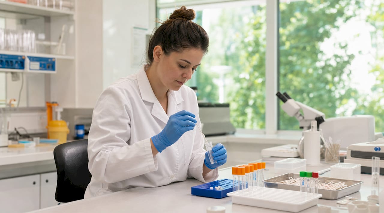 Lab technician handling DNA samples for paternity testing
