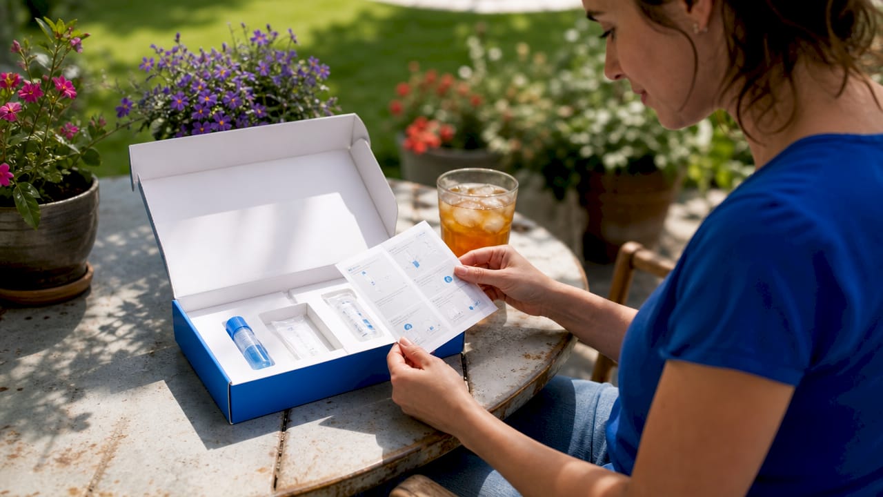 Opened DNA test kit with collection tools