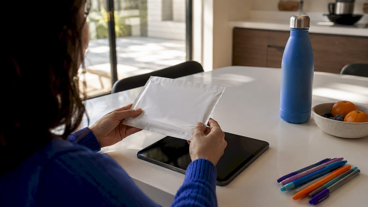 Hands holding home DNA test kit at home office desk