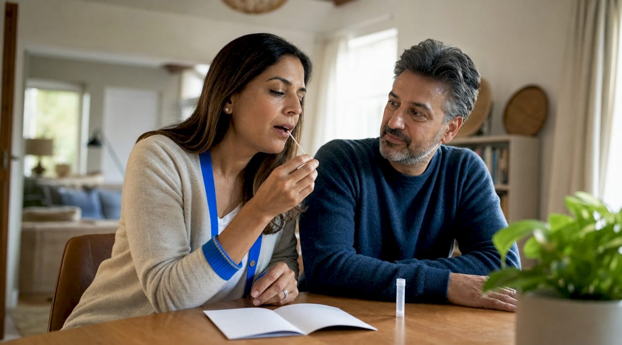 Couple preparing home DNA test sample at kitchen table