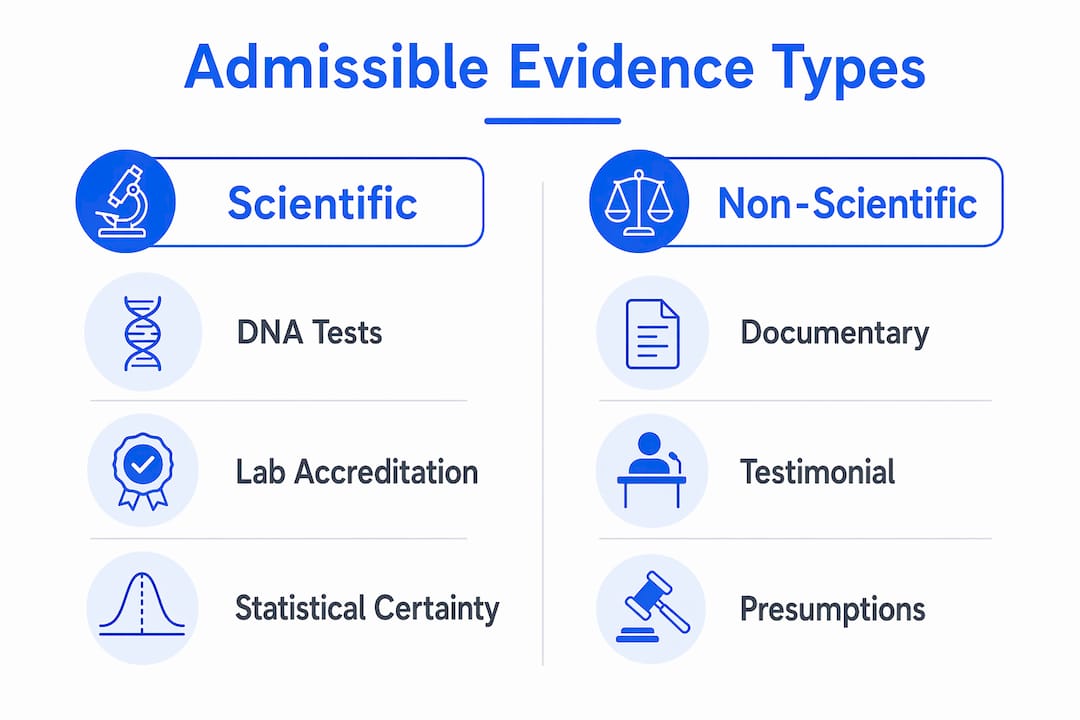 Split infographic showing types of admissible paternity evidence
