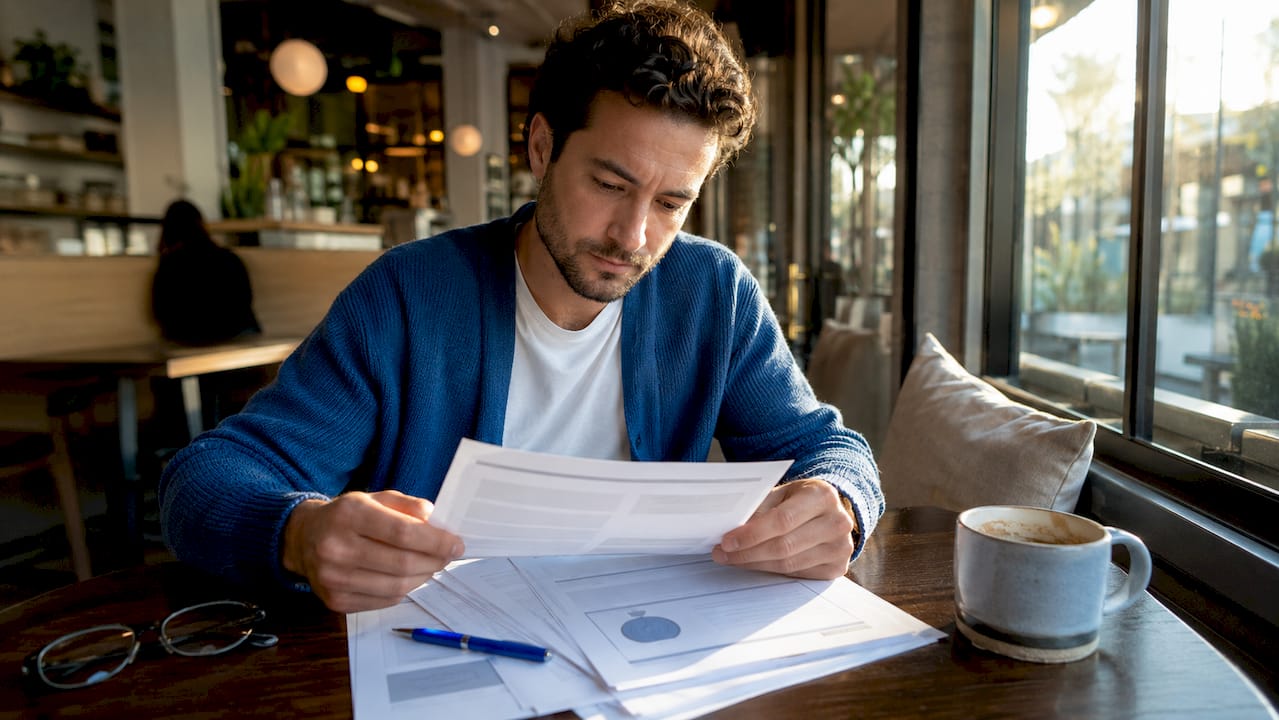 Man reviewing paternity documents at kitchen table